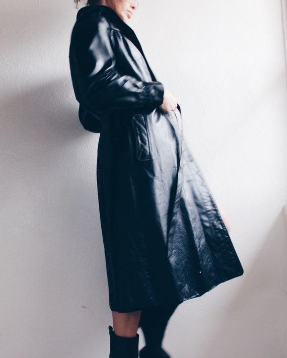90s Black Leather Trenchcoat / Long Black Leather… - image 7