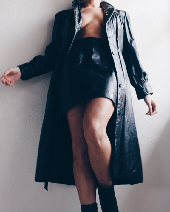 90s Black Leather Trenchcoat / Long Black Leather… - image 5