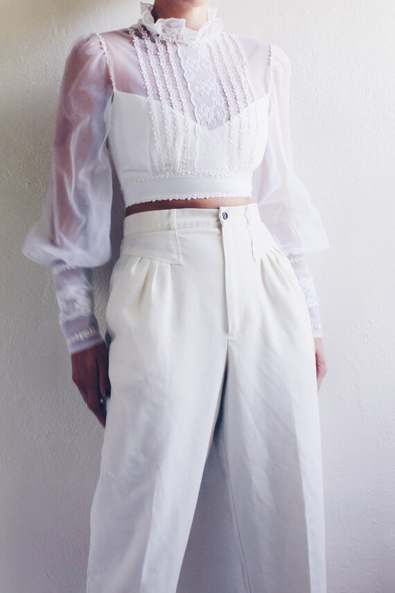 White cottagecore blouse / reworked lace up puff … - image 2