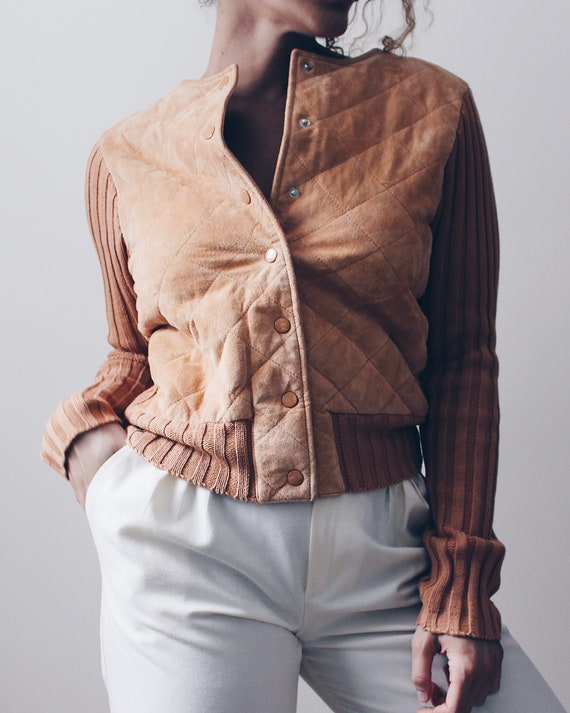 Leather Quilted 70s ski sweater / burnt orange kni