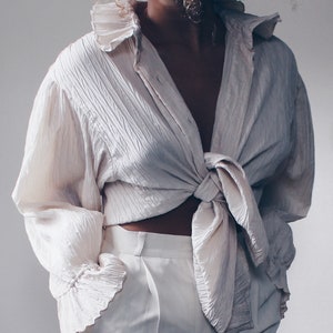 Textured Ruffled Blouse / Large Wheat Renaissance peasant blouse / Victorian statement blouse / Ruffled Prince Shirt image 9