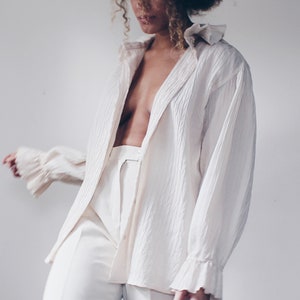 Textured Ruffled Blouse / Large Wheat Renaissance peasant blouse / Victorian statement blouse / Ruffled Prince Shirt image 3