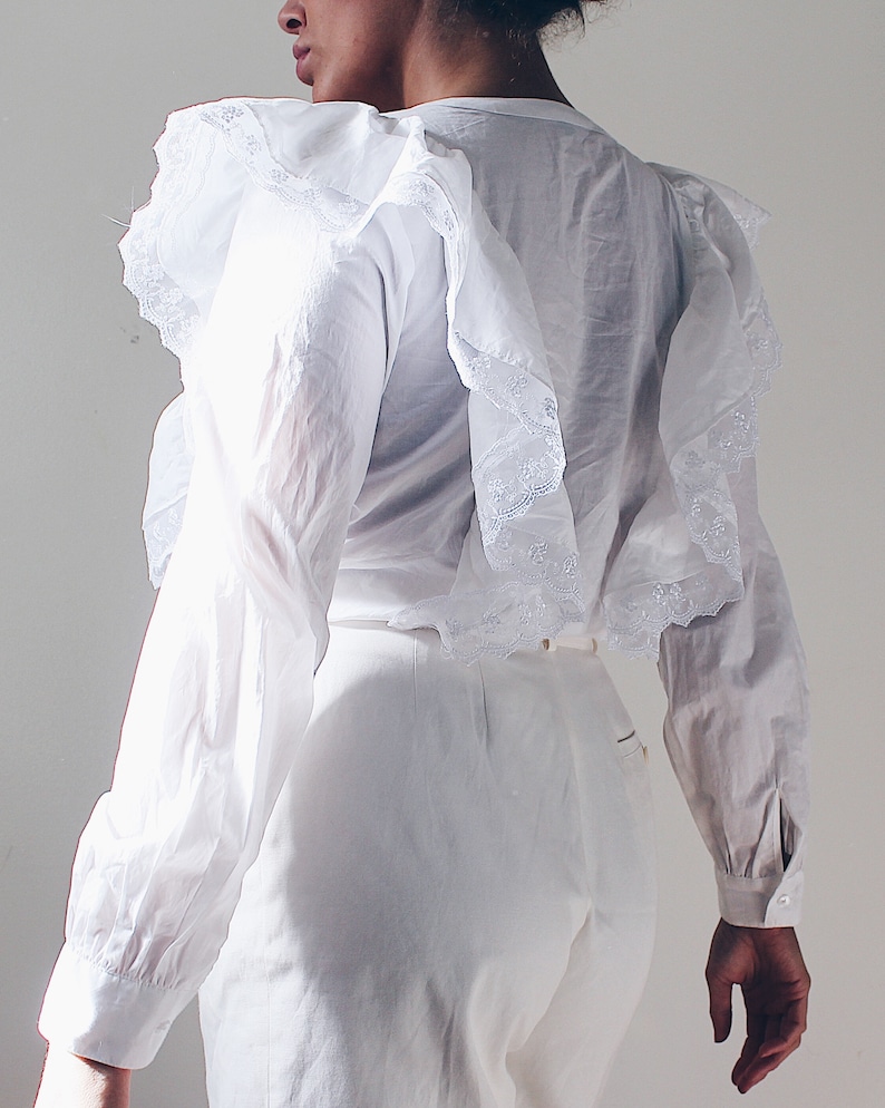White Edwardian cotton blouse Victorian Bertha Collar Blouse Wide collar trim Edwardian Lace shirt