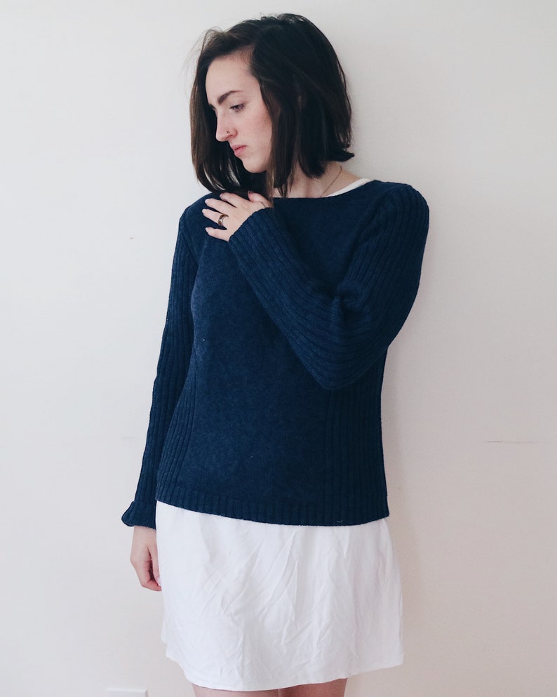 Navy knit sweater / blue shirt / 90s grunge top image 1