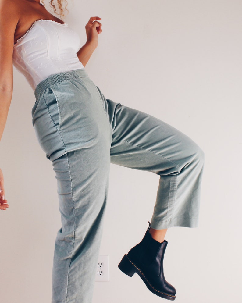 Mint Velvet Cord Pants Green Corduroy Pants Velvet Trousers Androgynous Fashion 90s elastic waist corduroy Slacks