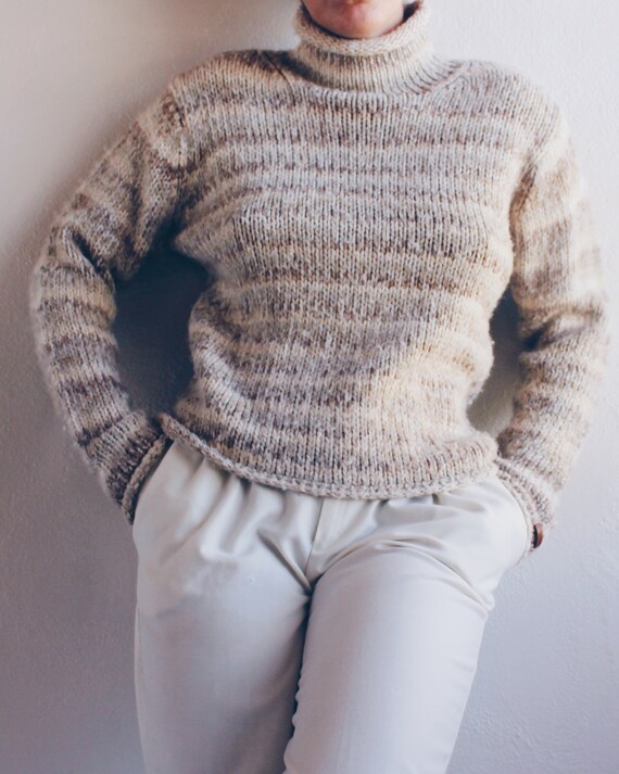 Striped Knit Wool Sweater / Beige Stripe Turtlene… - image 5