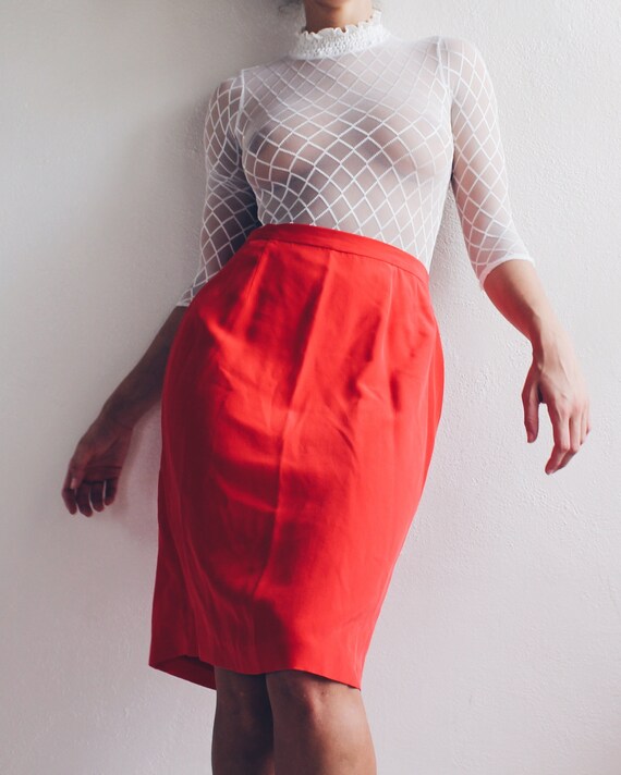 Vintage Red Silk Skirt  / high waisted silk 80s mi