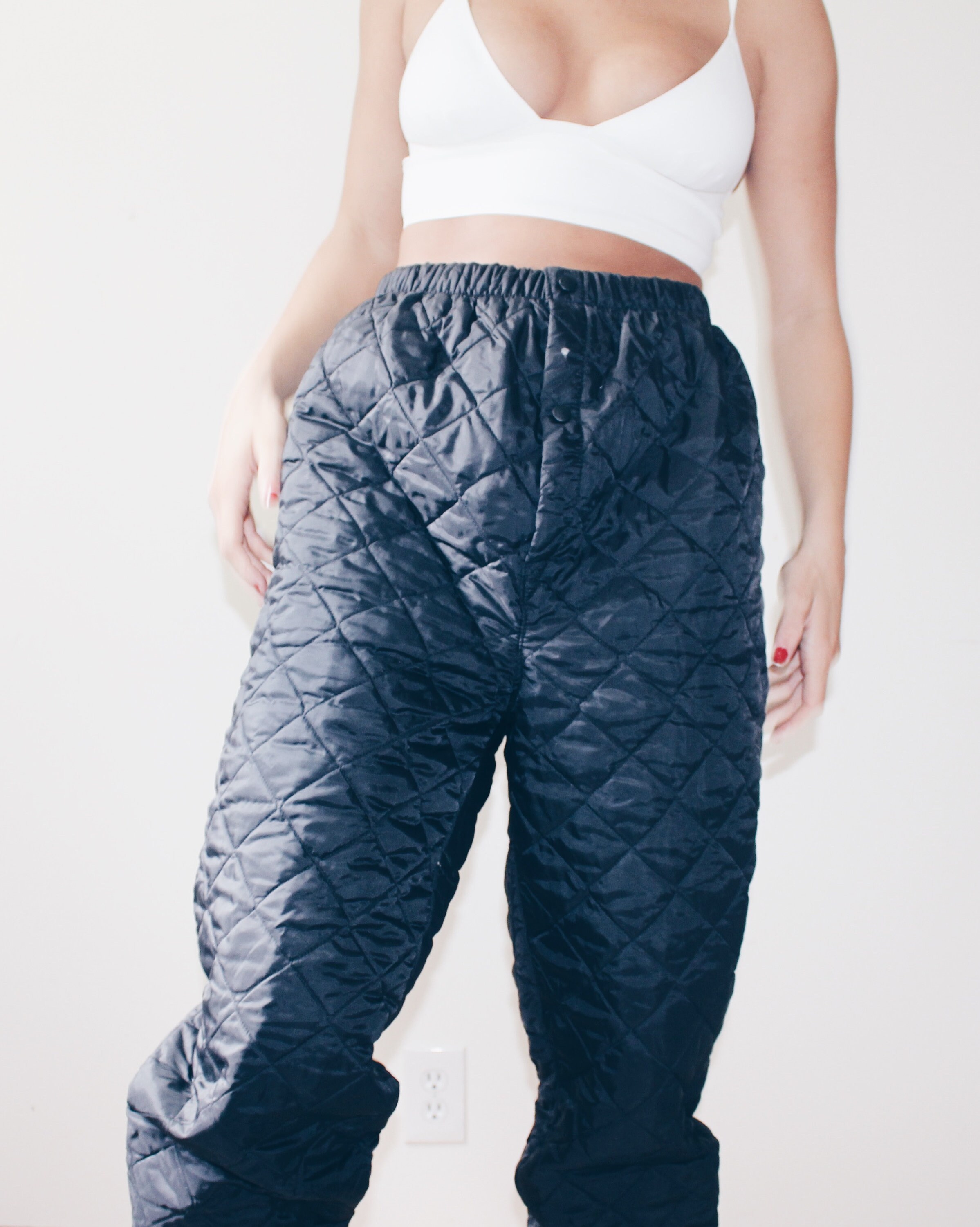 Black quilted pants / quilted nylon joggers / Medium 70s | Etsy