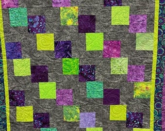 Handmade Patchwork Quilt: Modern Purple, Lime & Gray Lap Blanket