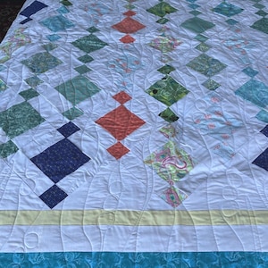 Handmade Chandelier Quilt – Blue & Green Throw Blanket – 75x77 Lap or Couch Quilt – Modern Diamond Quilt – Ocean-Inspired Home Decor