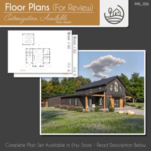 May include: Architectural floor plans for review, with customisation options. The image shows a modern black house with a large window and wooden accents. The plans are displayed alongside a rendering of the house.