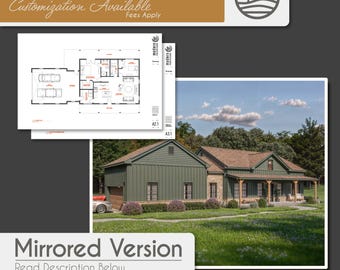 Plans d&#39;étage d&#39;une ferme moderne Barndominium de 2 chambres à coucher | Téléchargement numérique | 1200 pi2 | Design de maison personnalisable (MISE EN page MIROIR)