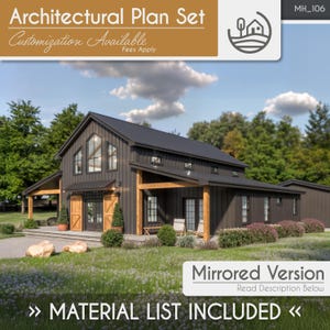 May include: Architectural plan set showcasing a modern farmhouse design. The image depicts a dark-coloured house with a black roof, wooden accents, and large windows. Text includes "Architectural Plan Set," "Customization Available," and "Material List Included."