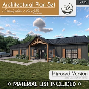 Könnte beinhalten: Ein architektonischer Plansatz für ein Haus mit schwarzem Dach und dunkelgrauer Verkleidung. Das Haus hat Holzläden und eine Veranda mit Holzbalken. Der Text "Architectural Plan Set" und "Customization Available" stehen oben.