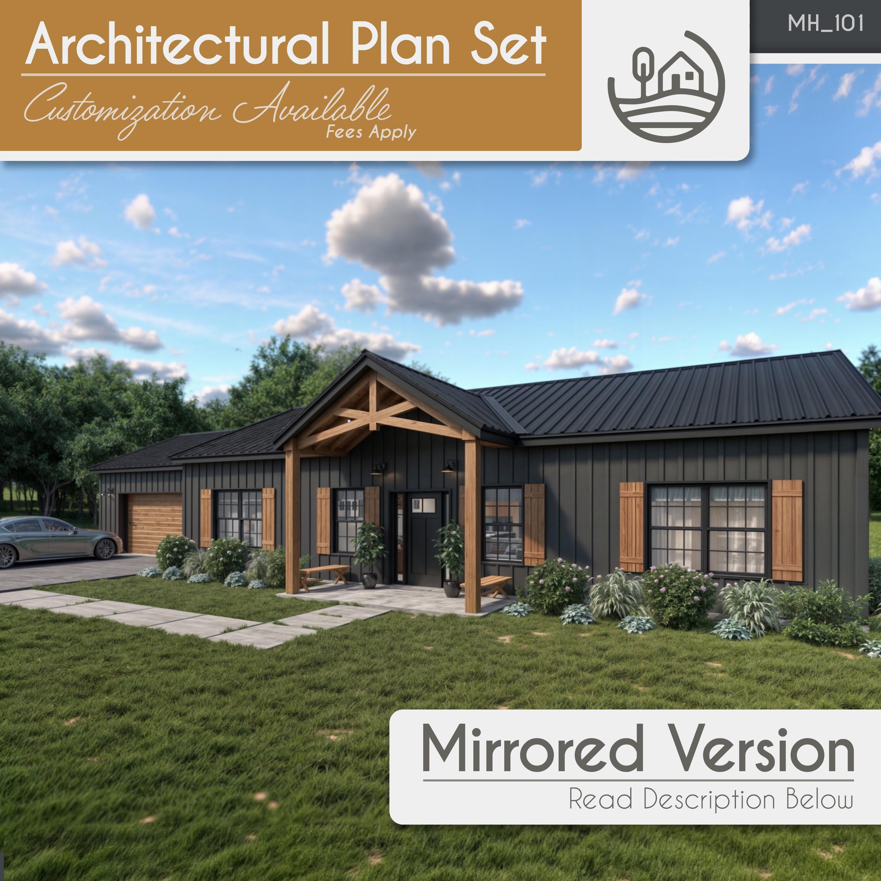 Ensemble de plans de ferme moderne Barndominium de 3 chambres | Téléchargement numérique | 1500 pi2 | Design de maison personnalisable (MISE EN page MIROIR)
