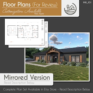 Plans d&#39;étage d&#39;une ferme moderne Barndominium de 3 chambres | Téléchargement numérique | 1500 pi2 | Design de maison personnalisable (MISE EN page MIROIR)