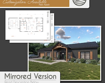 Plans d&#39;étage d&#39;une ferme moderne Barndominium de 3 chambres | Téléchargement numérique | 1500 pi2 | Design de maison personnalisable (MISE EN page MIROIR)