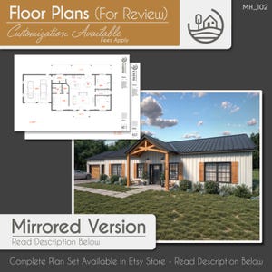Plans d&#39;étage d&#39;une ferme moderne Barndominium de 3 chambres | Téléchargement numérique | 1500 pi2 | Design de maison personnalisable (MISE EN page MIROIR)