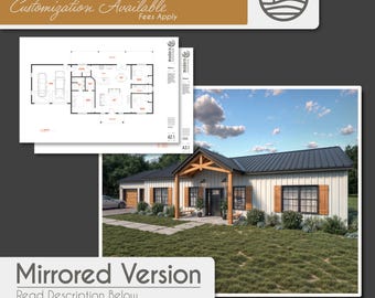Plans d&#39;étage d&#39;une ferme moderne Barndominium de 3 chambres | Téléchargement numérique | 1500 pi2 | Design de maison personnalisable (MISE EN page MIROIR)