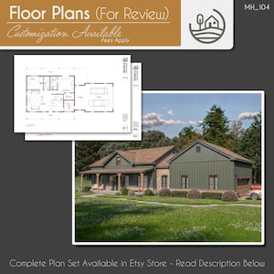 Może przedstawiać: Plany piętra domu z zielonym zewnętrzem i kamiennym fundamentem. Plany są dostępne do przeglądu i dostosowania. Obraz zawiera również tekst "Floor Plans (For Review)", "Customization Available" i "MH_104".