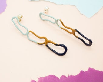 Large Pale Turquoise, Mustard Yellow and Navy Blue Links Earrings