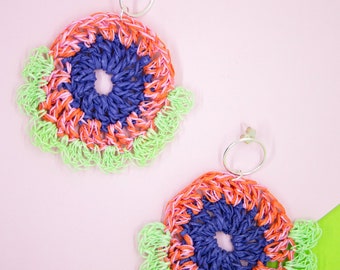 Pink, Purple & Green Single Flower Earrings from Plastic Bags