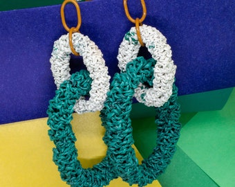 Yellow, White & Green Statement Earrings from Plastic Bags