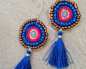 Sterling Silver Hooks with Electric Blue Tassels and Beads Boho Chic Earrings