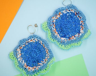 Blue & Green Single Flower Earrings from Plastic Bags