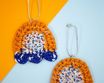 Orange & Blue Single Flower Earrings from Plastic Bags