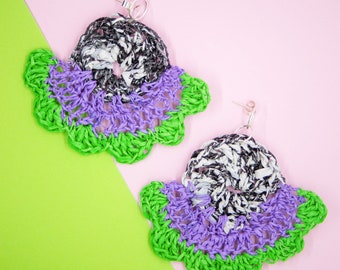 Green & Lilac Single Flower Earrings from Plastic Bags