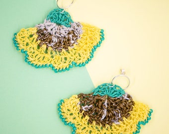 Yellow & Turquoise Single Flower Earrings from Plastic Bags