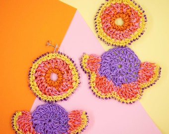 Yellow & Lilac Double Flower Earrings from Plastic Bags