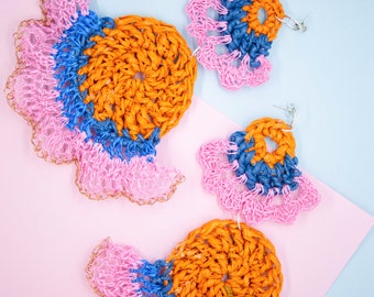 Orange, Pink and Blue Double Flower Earrings from Plastic Bags