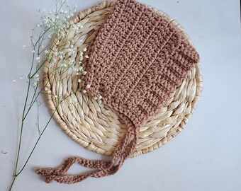 Handmade Knit Baby Pixie Bonnet, Brown Gender Neutral Hat (0-6 Months)