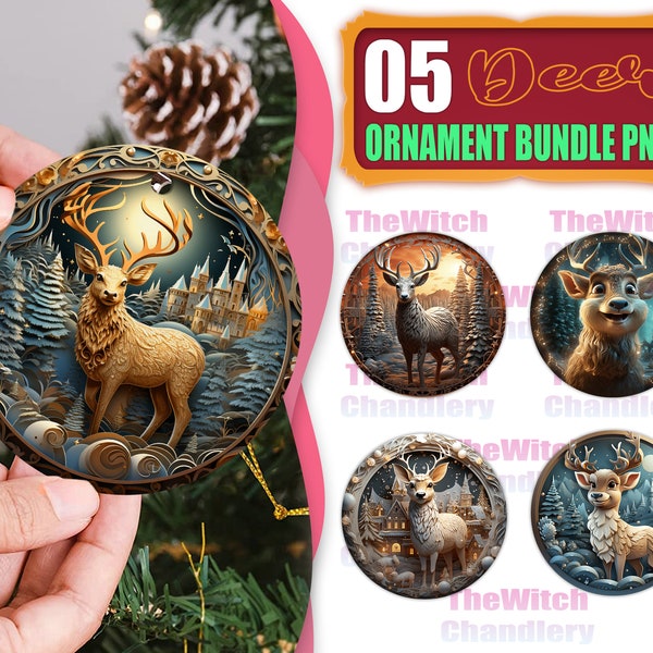 3D Deer Ornament PNG, Christmas Round Ornament Bundle PNG, Deer Christmas Hanging Ornament File, Ornament Christmas, Ornament Sublimation