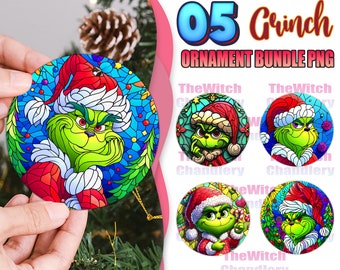 Stained Glass Christmas Ornament Bundle PNG, 3D Christmas Cartoon PNG Printable, The Green Monster PNG Sublimation, Round Ornament