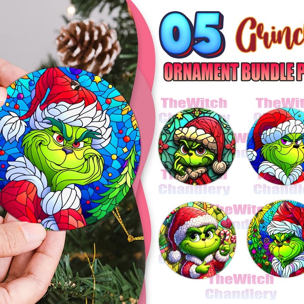 Stained Glass Christmas Ornament Bundle PNG, 3D Christmas Cartoon PNG Printable, The Green Monster PNG Sublimation, Round Ornament