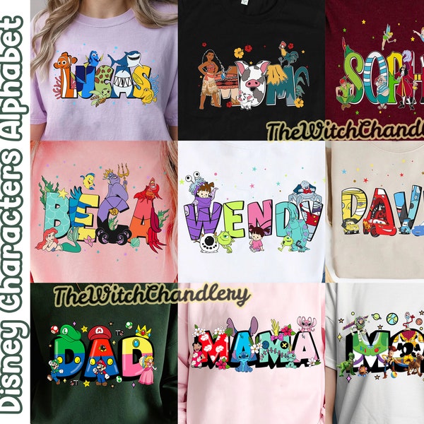 T-shirt personnalisé avec alphabets Disney, nom personnalisé avec personnages de dessins animés, chemise assortie voyage Disneyland, cadeaux d'anniversaire, t-shirt Magic Kingdom