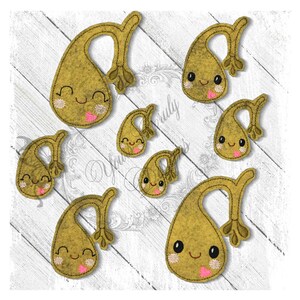 May include: A set of seven felt applique patches in the shape of a pear with a smiling face. The pears are various sizes and are all a light brown color with pink accents.