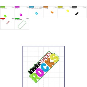 May include: A colorful embroidery design of the text "Kinder Garden Rocks" in a diagonal orientation. The design is made up of the words "Kinder", "Garden", and "Rocks" in different colors, including green, pink, turquoise, orange, yellow, and black.