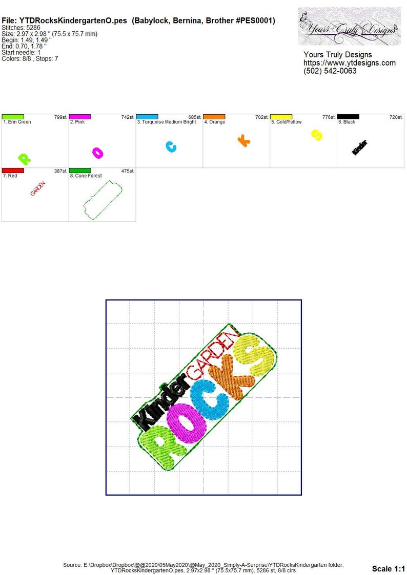 May include: A colorful embroidery design of the text "Kinder Garden Rocks" in a diagonal orientation. The design is made up of the words "Kinder", "Garden", and "Rocks" in different colors, including green, pink, turquoise, orange, yellow, and black.