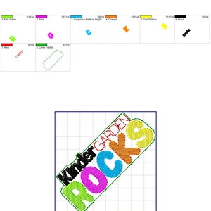 May include: Embroidered design of the words "Kinder Garden Rocks" in a diagonal orientation. The words are in a colorful block font with each letter a different color: red, pink, turquoise, orange, yellow, and green. The design is suitable for embroidery projects.