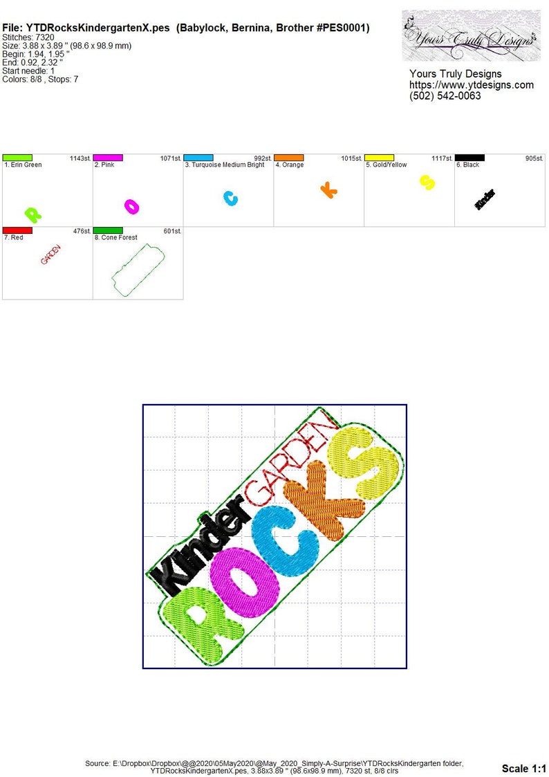 May include: Embroidered design of the words "Kinder Garden Rocks" in a diagonal orientation. The words are in a colorful block font with each letter a different color: red, pink, turquoise, orange, yellow, and green. The design is suitable for embroidery projects.