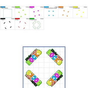 May include: A digital embroidery design for a 4x4 inch hoop featuring the words "Kindergarten Rocks" in a colorful, layered design. The design includes nine different colors: blue, green, pink, turquoise, orange, yellow, black, red, and green.