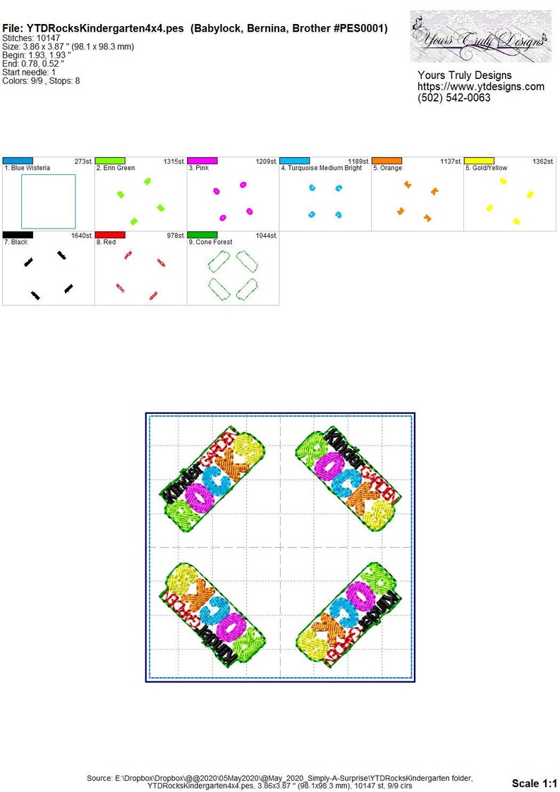 May include: A digital embroidery design for a 4x4 inch hoop featuring the words "Kindergarten Rocks" in a colorful, layered design. The design includes nine different colors: blue, green, pink, turquoise, orange, yellow, black, red, and green.