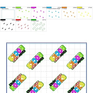 May include: A digital embroidery design for a 5x7 inch hoop featuring the words "Kindergarten Rocks" in a colorful block letter design. The design is made up of nine different colors: blue, green, pink, turquoise, orange, yellow, black, red, and green.