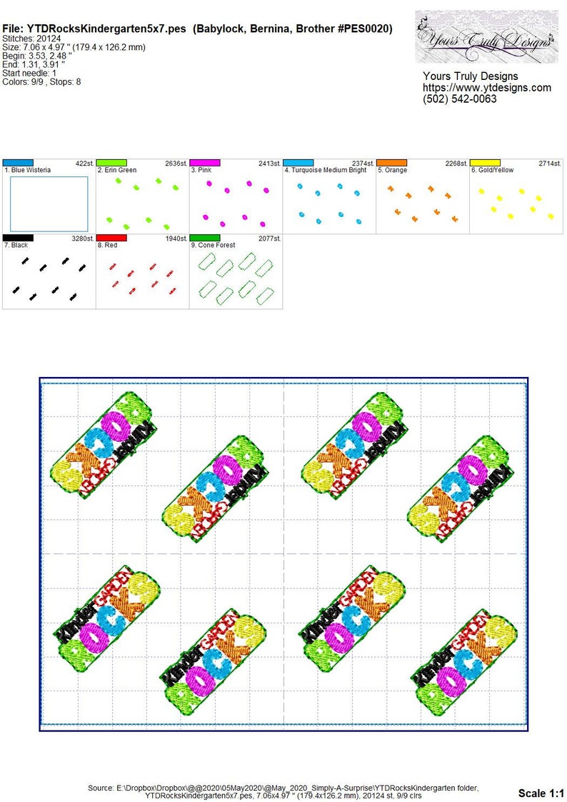 May include: A digital embroidery design for a 5x7 inch hoop featuring the words "Kindergarten Rocks" in a colorful block letter design. The design is made up of nine different colors: blue, green, pink, turquoise, orange, yellow, black, red, and green.