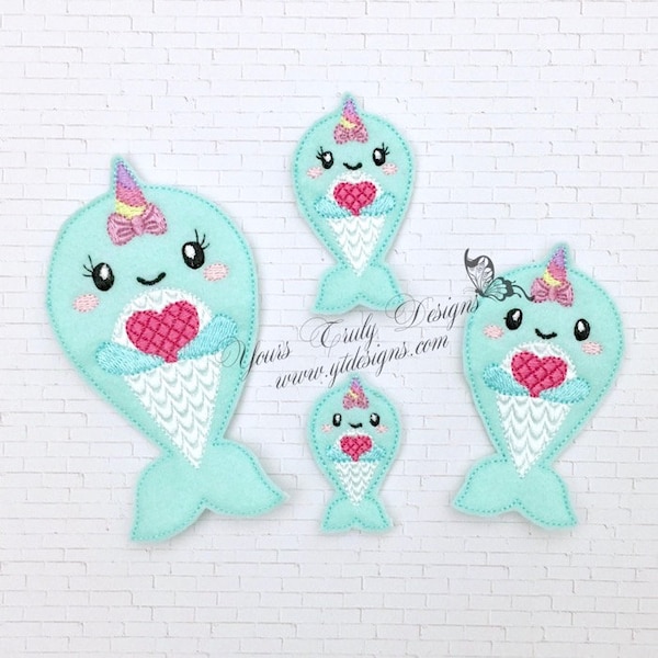 Narwhal Unicorn Heart Feltie Embroidery File