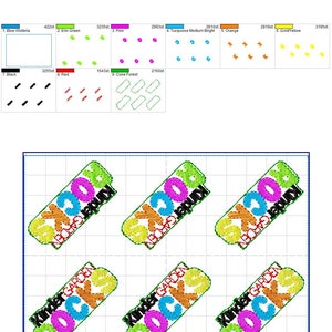 May include: A colorful embroidery design for a kindergarten classroom. The design features the words "Kindergarten Rocks" in a diagonal pattern with a variety of colors, including green, blue, pink, orange, and yellow.